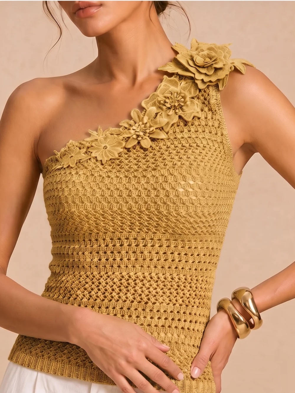 NWT Commense One Shoulder 3D Flower Crochet Top in Mustard